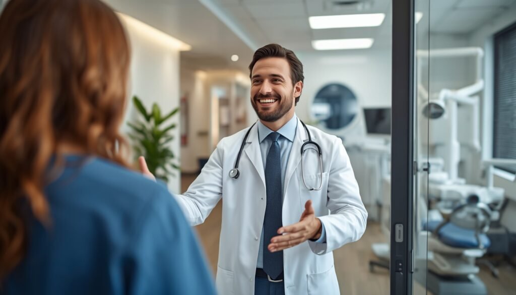 Friendly local dentist welcoming a patient for a professional dental consultation.