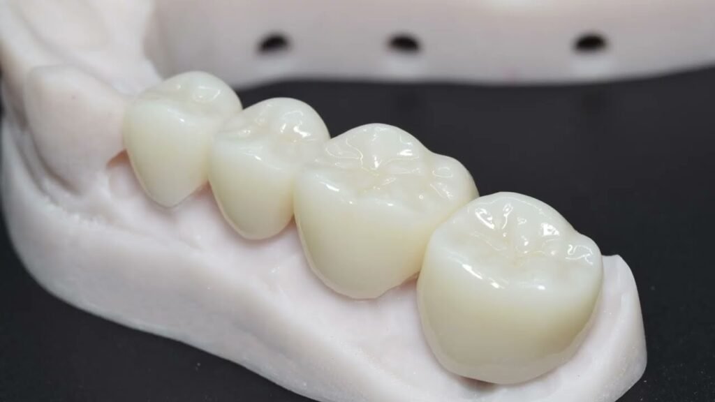 Experienced dentist placing a natural-looking dental crown on a patient's tooth in a modern dental clinic.